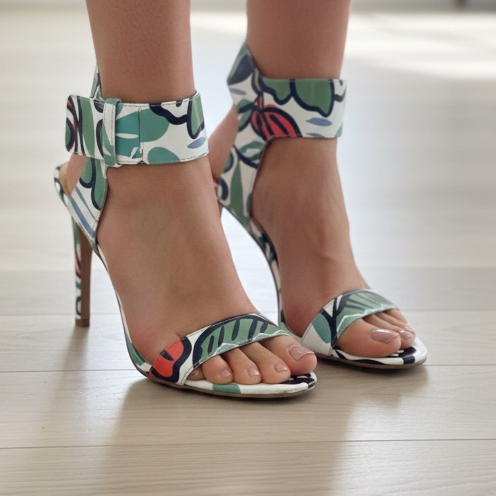 Nine West Tropical Floral Ankle-Strap Sandals in Green, White, Black and Coral